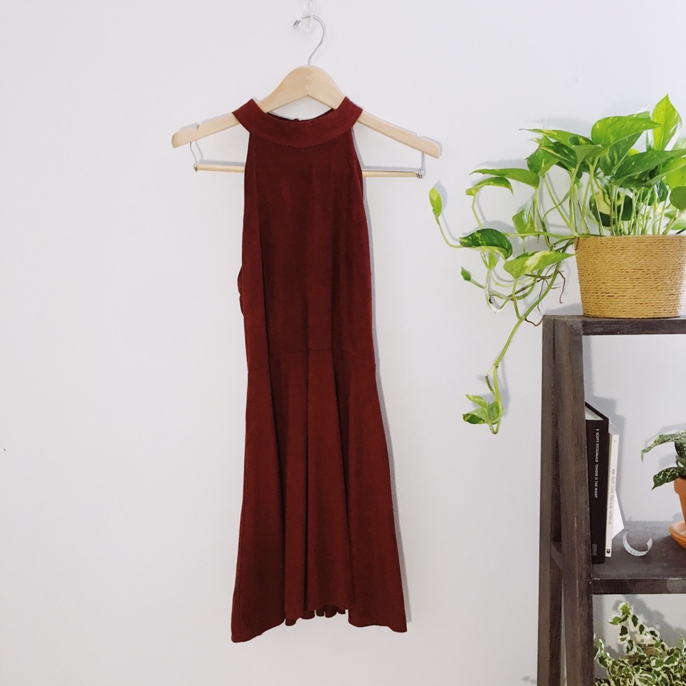Kendall & Kylie Burgundy Suede Skater Spring Dress High Neck